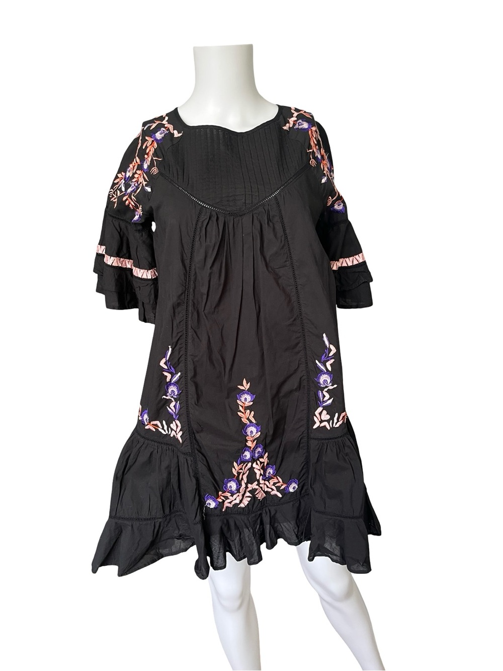 Free People Black Embroidered Mini Dress Babydoll Boho Cotton Womens Size XS